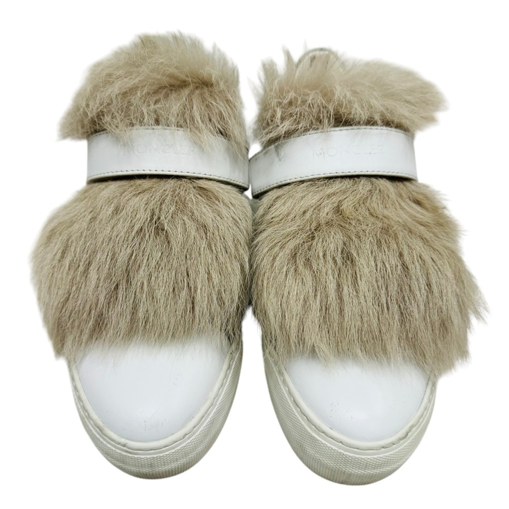 Moncler Victoire Sneakers Shoes women’s Size 7 Real Fur Trim Slip-On White - Picture 3 of 15